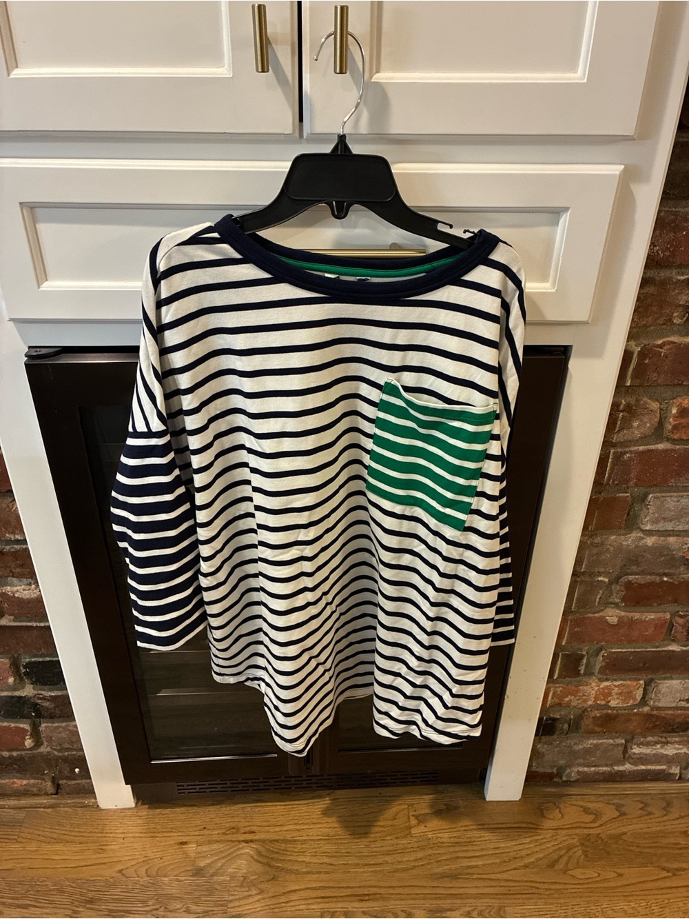 Navy & White Striped Long-Sleeve Top with Green Pocket